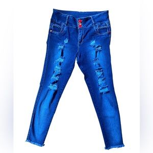 Embroidered and Embellished Distressed Mid Wash Raw Hem Boho Jeans by SOHO Jean